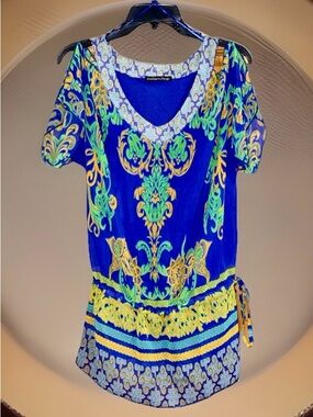 NWT Madison Paige Royal Blue Paisley Printed Tunic with Tie Waist-M